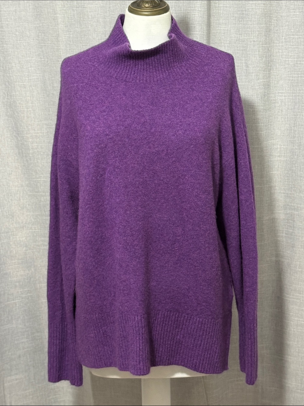 J Crew Oversized Sweater-Sz 8-Purple-Wool   Blend-Mock Neck-Split Side Hem-GUC